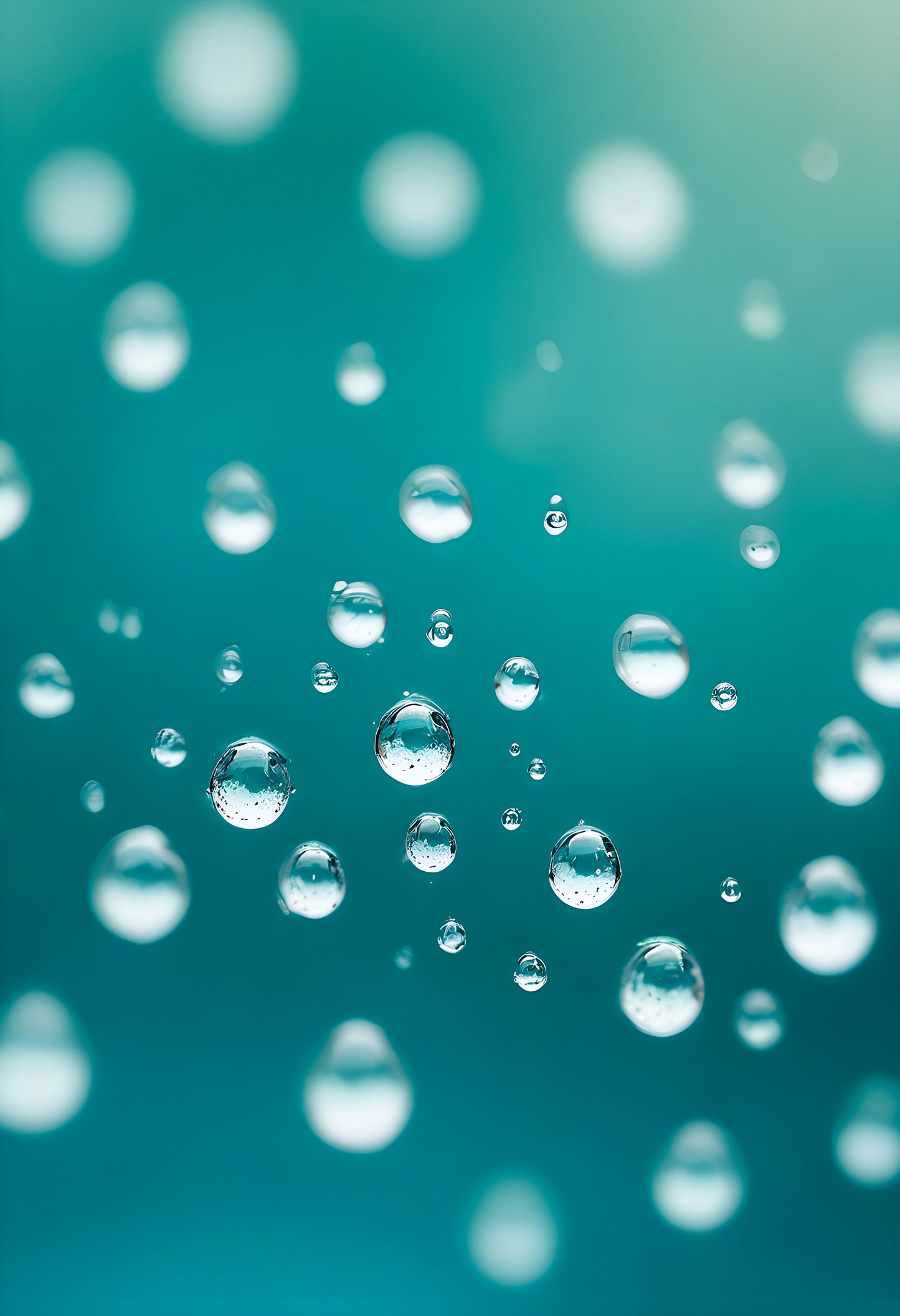 Water droplets on a thin surface with a blurred turquoise background amidst soft light reflections. Generative AI