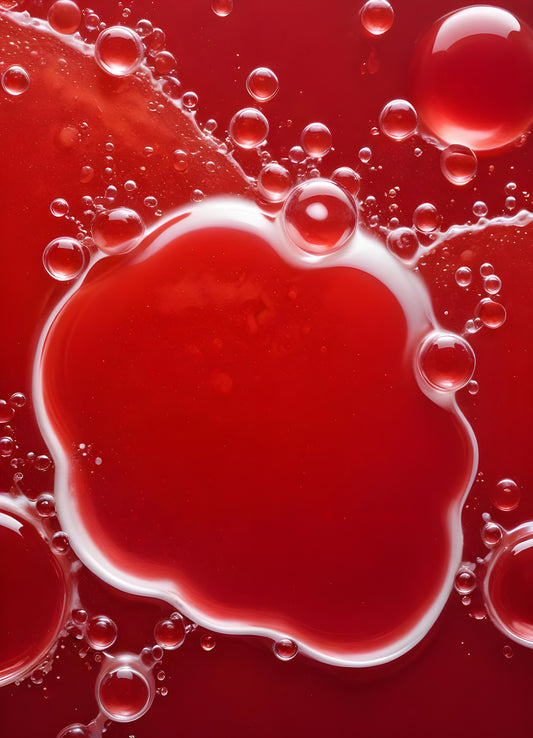 Abstract close-up of red liquid with bubbles and droplets, showcasing the interplay of colors and textures in a vibrant manner. Generative AI