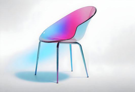 Stylish transparent chair with a vibrant gradient, showcasing modern design in a minimalistic studio setting