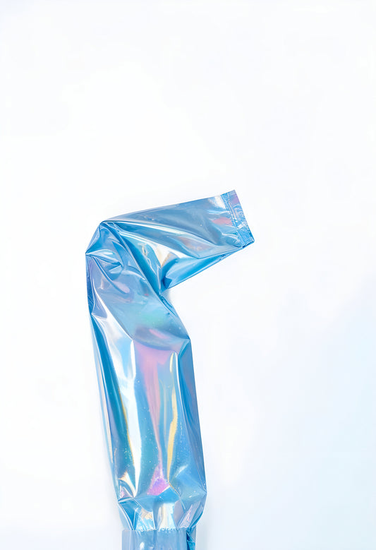 A curved section of shiny blue plastic material against a light background showcases its reflective qualities and modern design