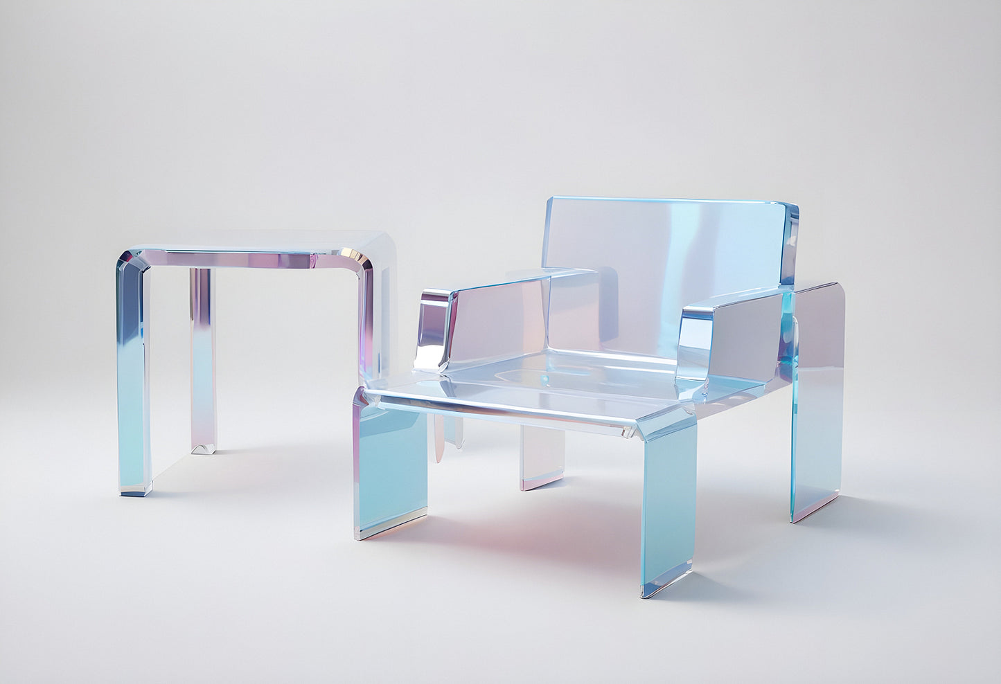 Modern transparent acrylic chair and side table set in minimalist indoor space with soft lighting