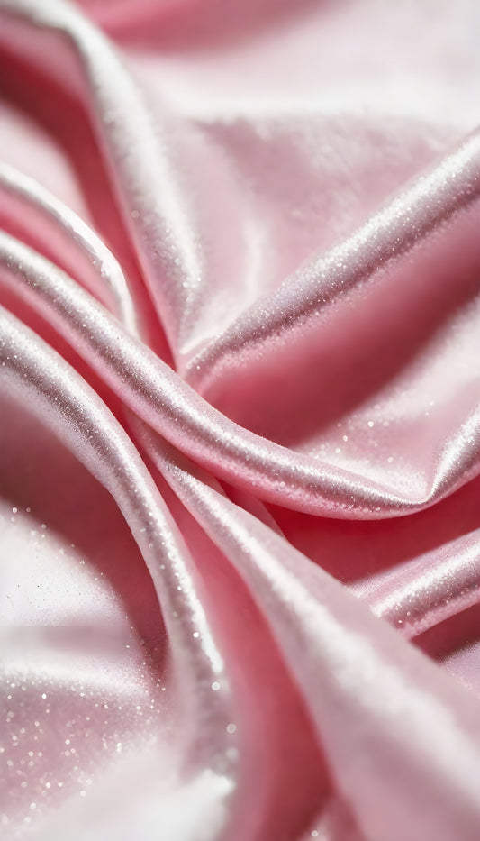 A close-up view of soft, shiny pink fabric draped elegantly, highlighting its smooth texture and sheen, perfect for luxurious designs