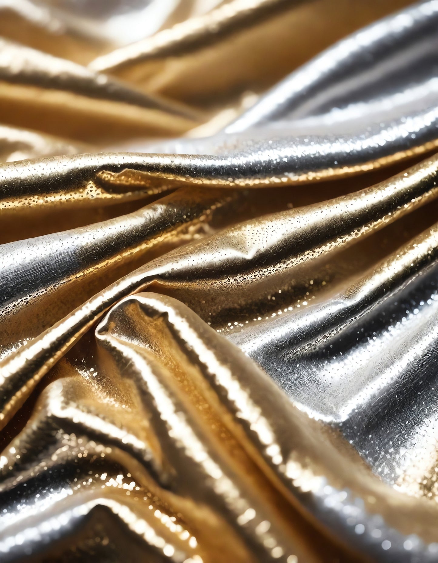 Metallic golden and silver fabric creates elegant textures with intricate folds and reflections under soft lighting