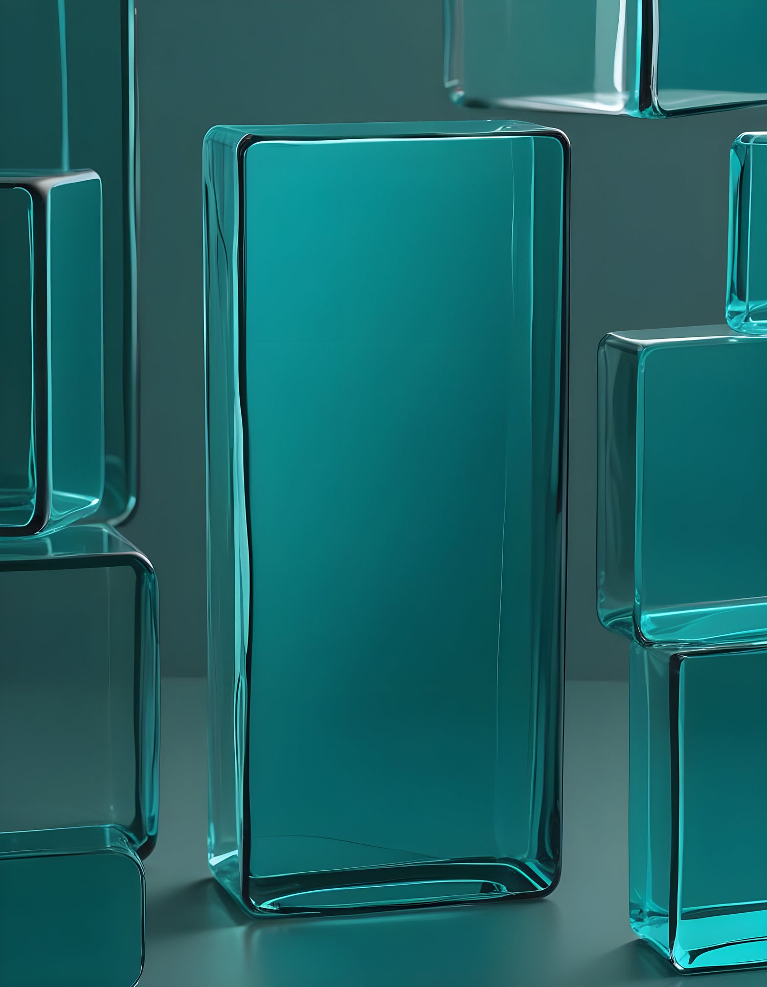 Abstract teal wall design featuring varying glass-like panels in a contemporary setting. Generative AI