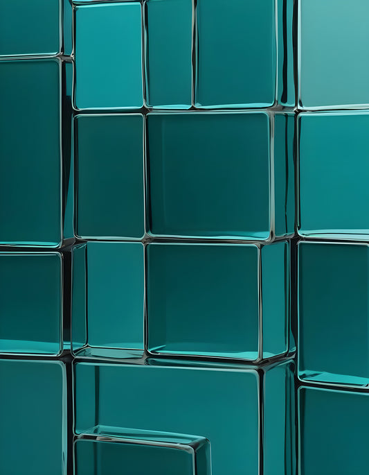 Abstract teal wall design featuring varying glass-like panels in a contemporary setting. Generative AI