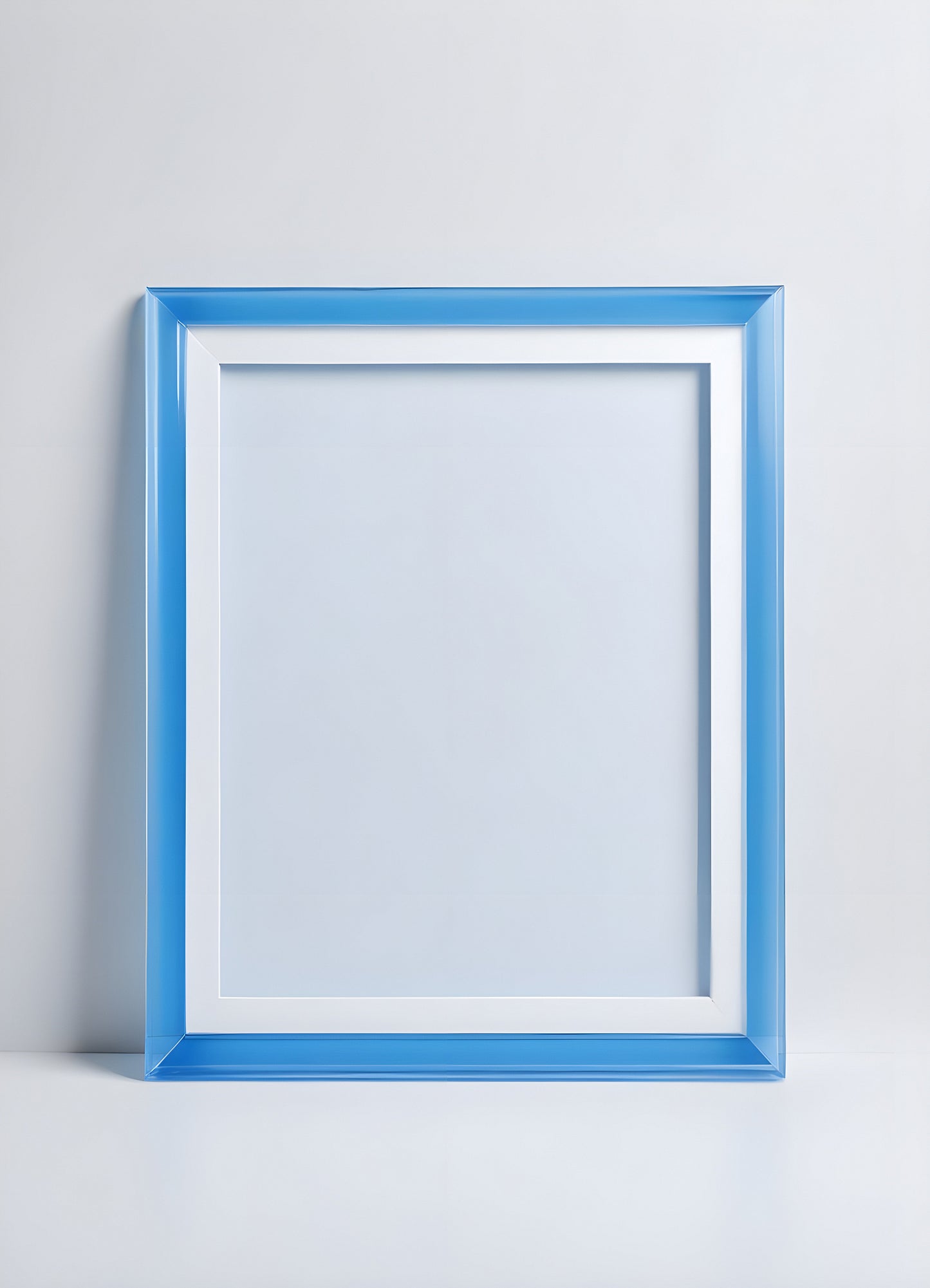 Empty blue-framed artwork display against a light backdrop in a bright, minimalistic space designed for creativity