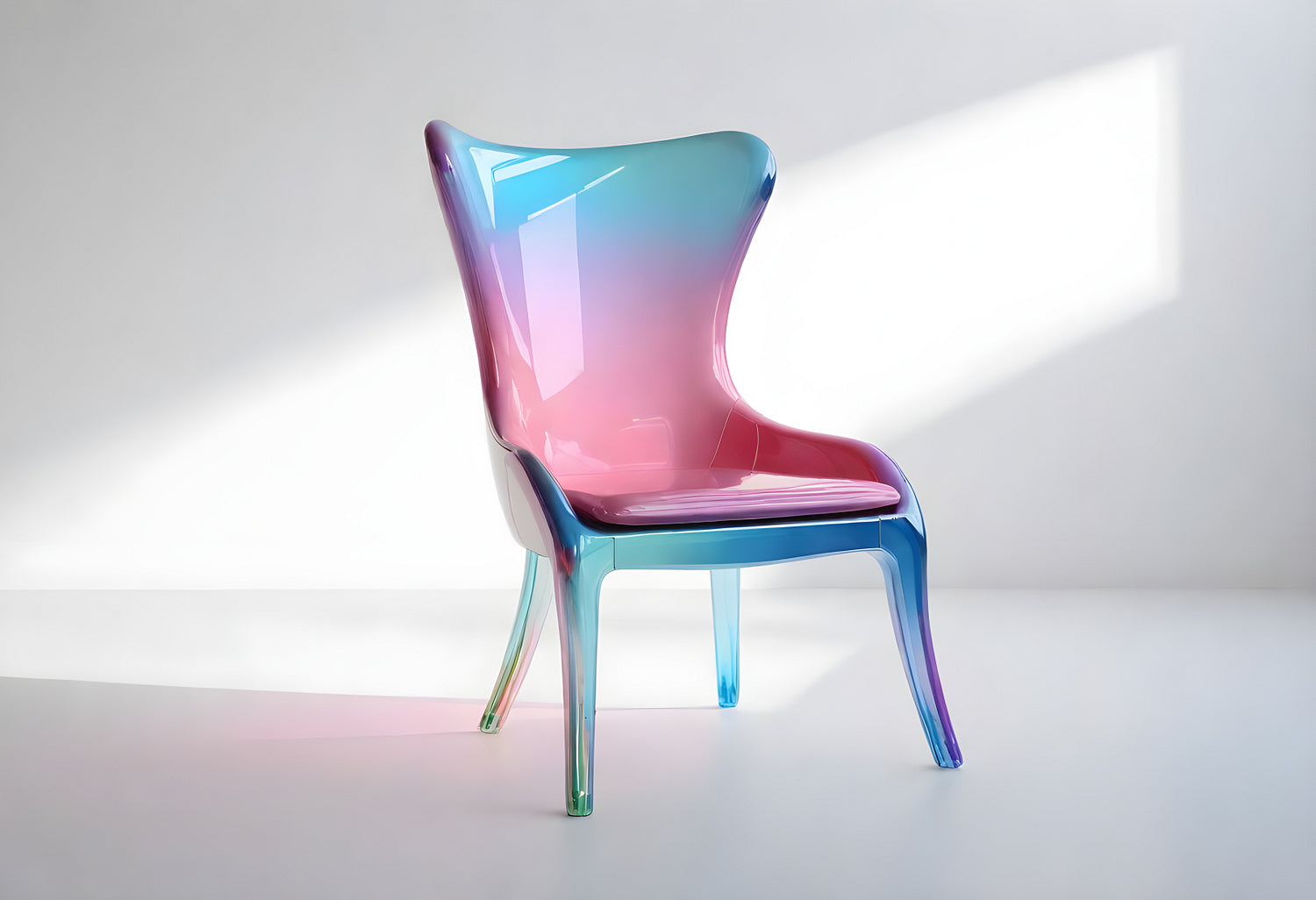 A modern translucent chair with gradient colors showcased in a bright room during daylight