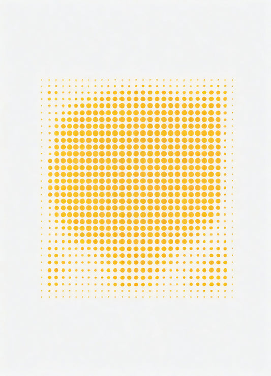 A vibrant grid pattern in yellow with varying dot sizes creating an abstract visual effect in a minimalist style