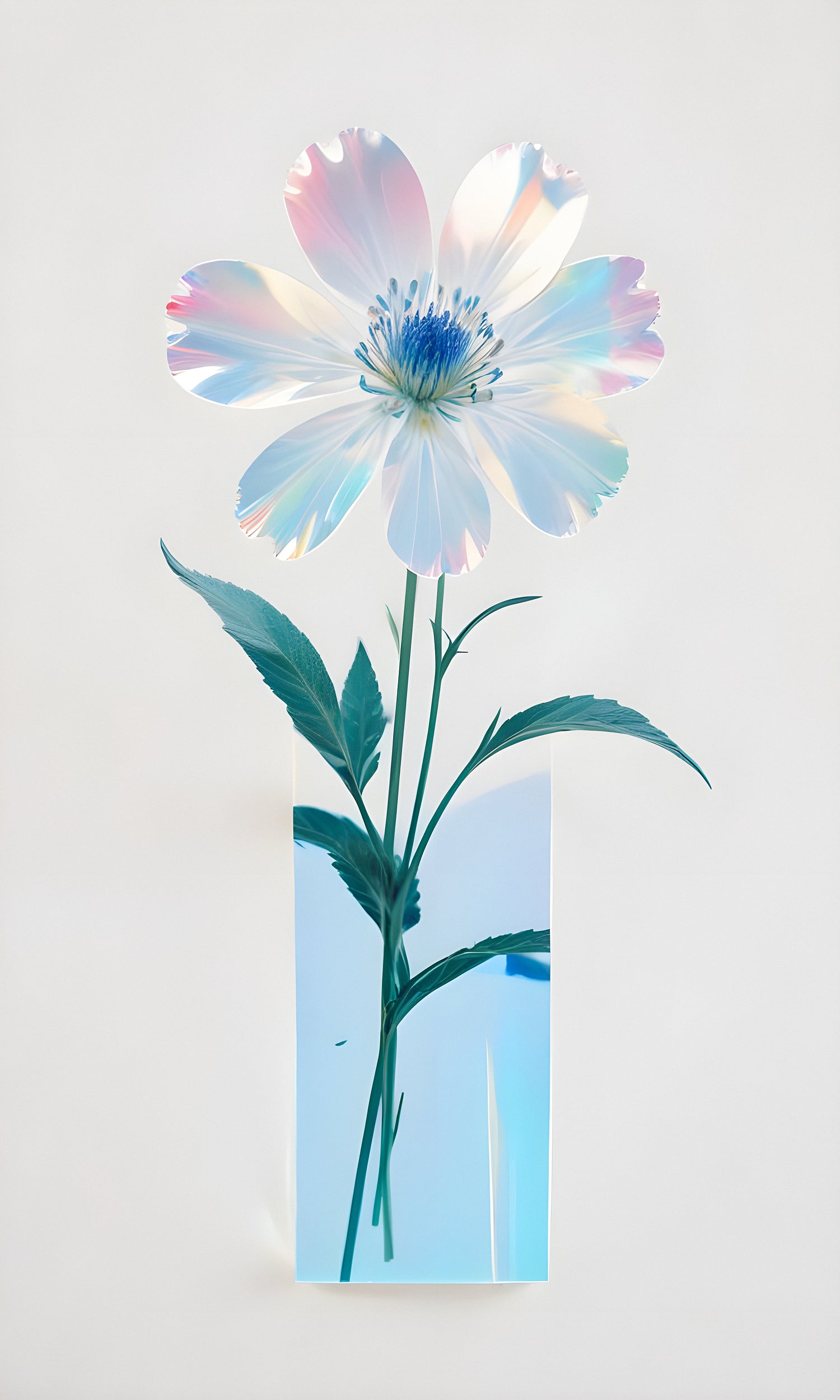 A delicate flower stands tall in a clear vase against a soft, neutral background, showcasing subtle iridescent colors and elegant leaves