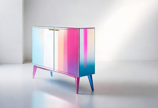 Contemporary cabinet showcasing vibrant gradient colors in a minimalist interior setting with ample natural light