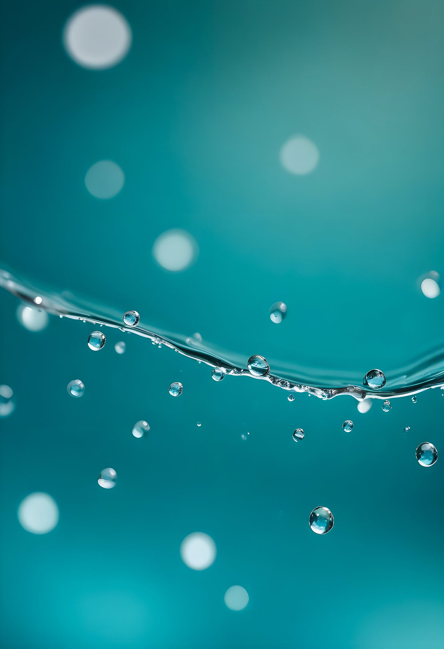 Water droplets on a thin surface with a blurred turquoise background amidst soft light reflections. Generative AI