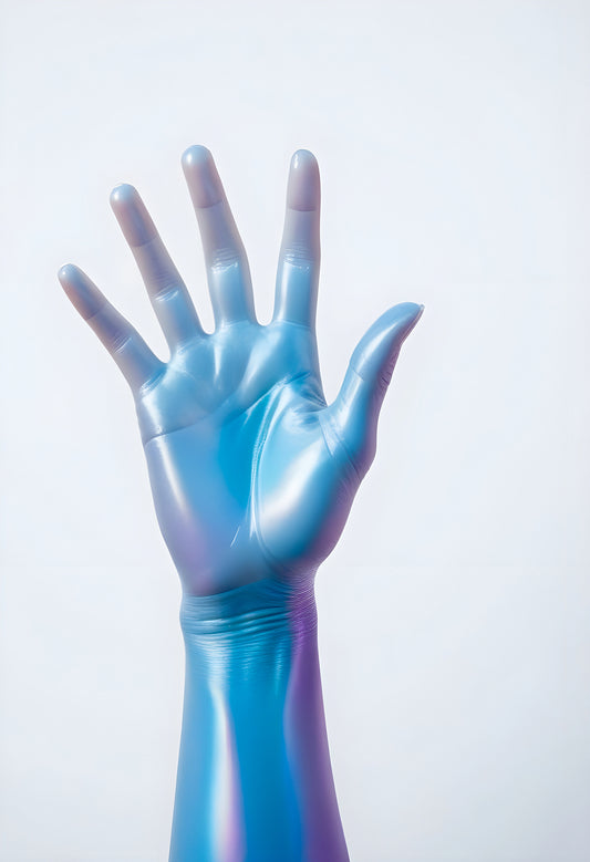 Gloved hand reaching upward against a light background, illustrating modern healthcare and hygiene practices in a sterile environment