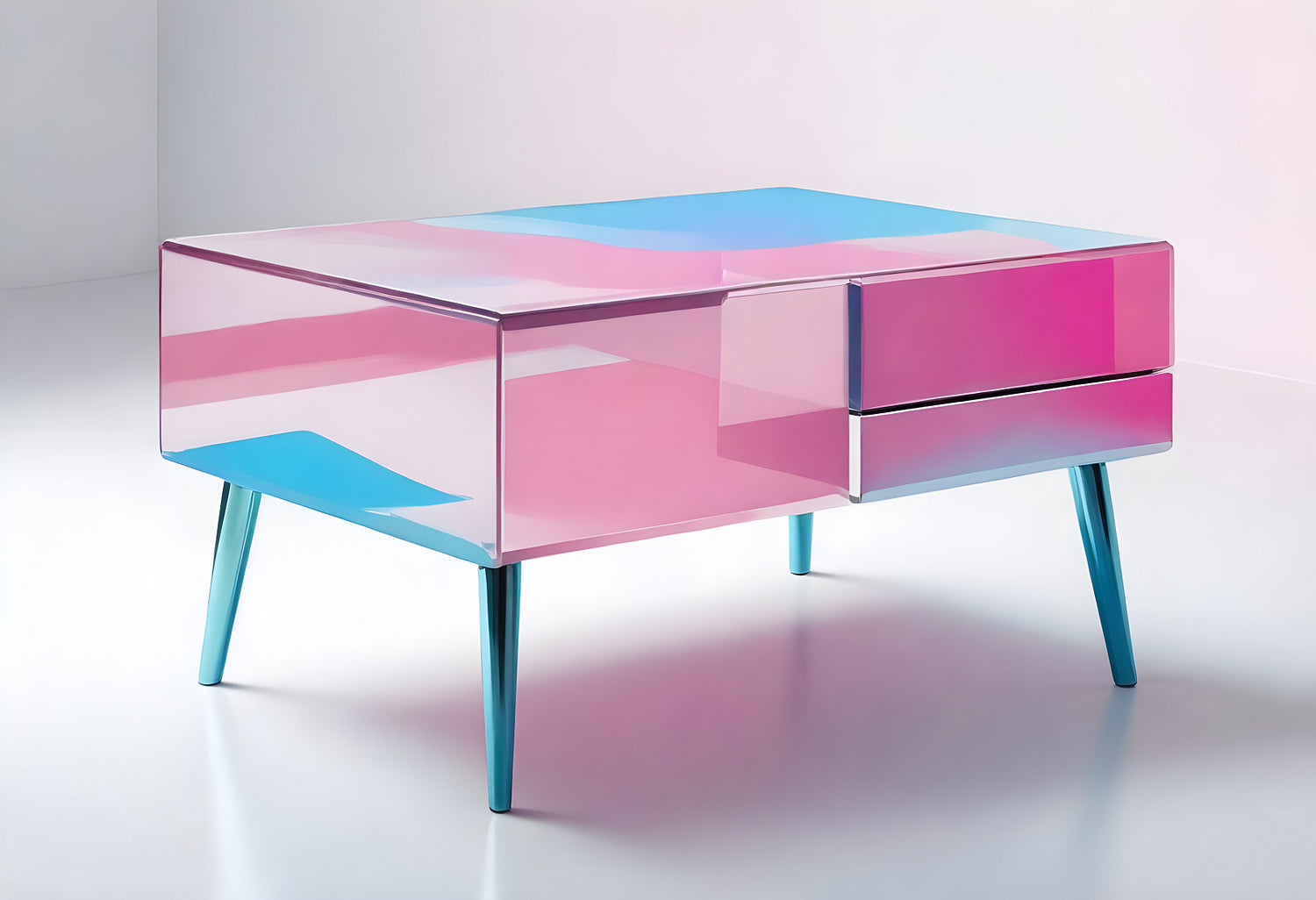 Modern glass coffee table with vibrant pink and blue colors showcased in a bright minimalist setting