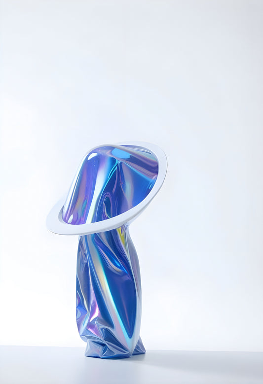 A blue and purple reflective fabric sculpture resembling a whimsical Saturn-like planet with a ring on a white background