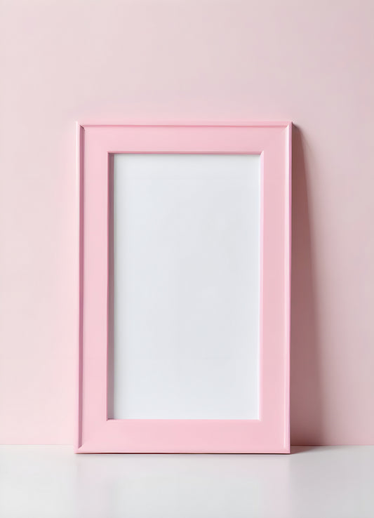 A sleek pink picture frame stands against a soft pink wall, ready to showcase special memories or artwork in a stylish setting