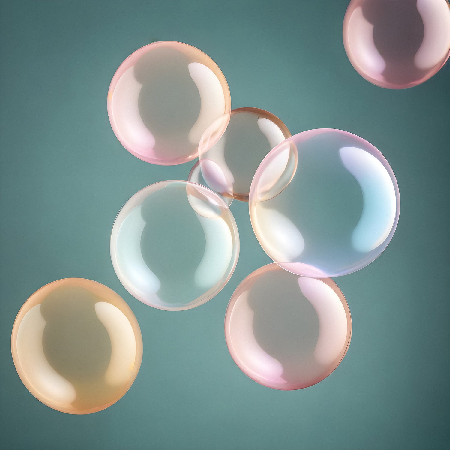 Colorful soap bubbles floating gracefully against a soft teal background, capturing the light in a playful manner