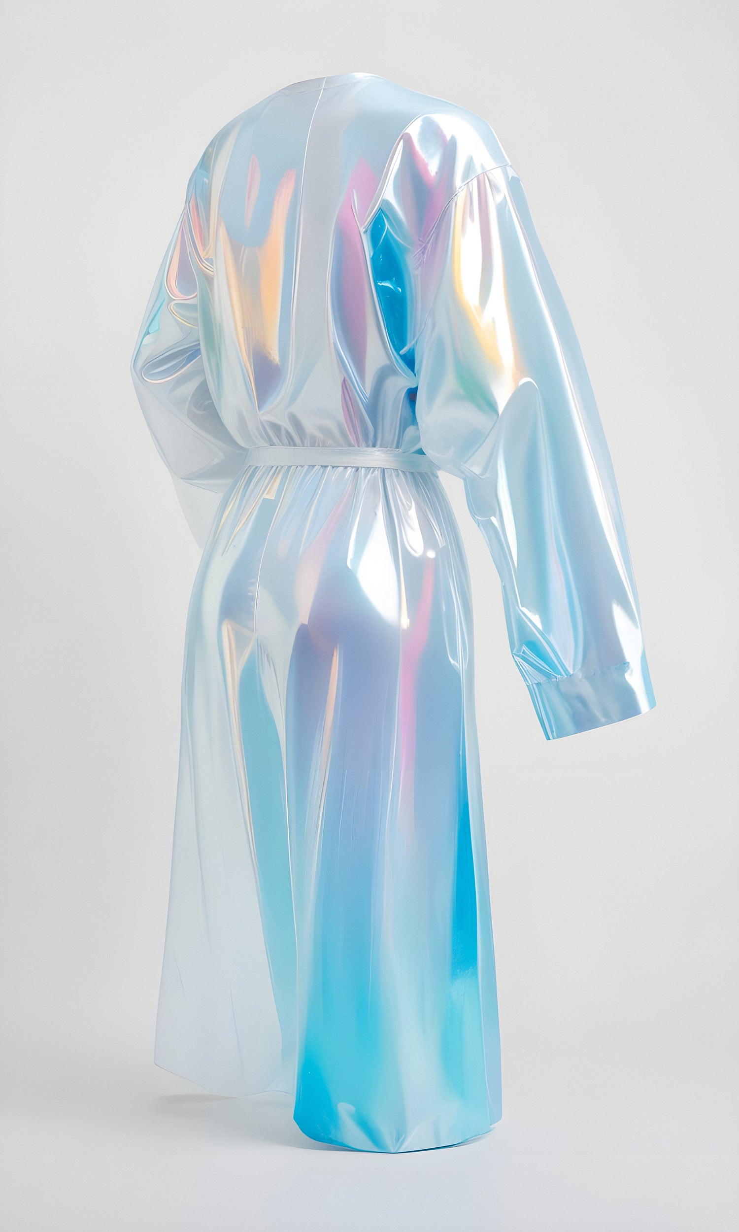 A futuristic holographic dress displayed on a mannequin showcasing vibrant colors in a fashion studio setting