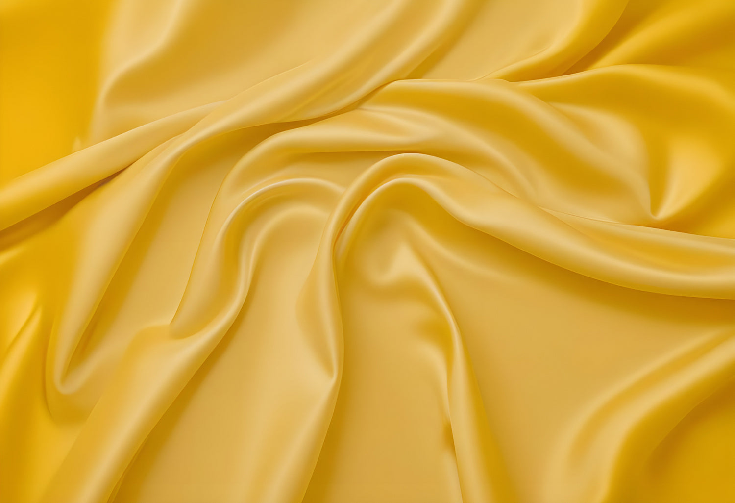 Lustrous yellow satin fabric draped elegantly on a surface creating soft folds and curves in natural lighting