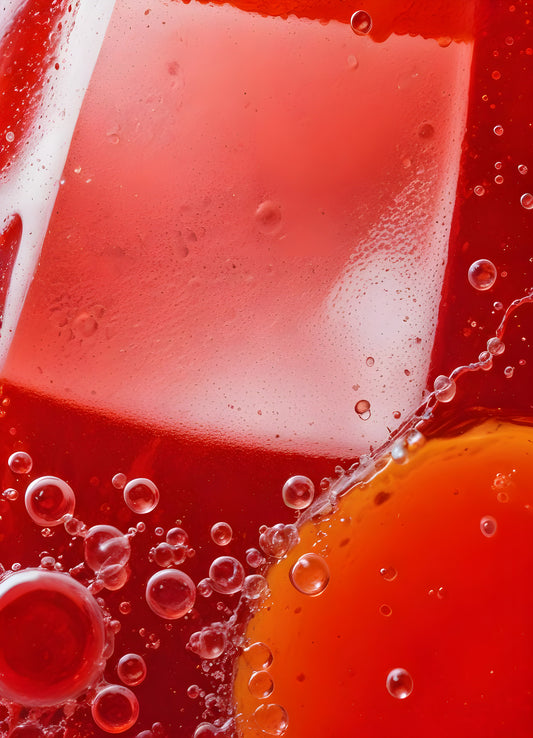 Abstract close-up of red liquid with bubbles and droplets, showcasing the interplay of colors and textures in a vibrant manner. Generative AI