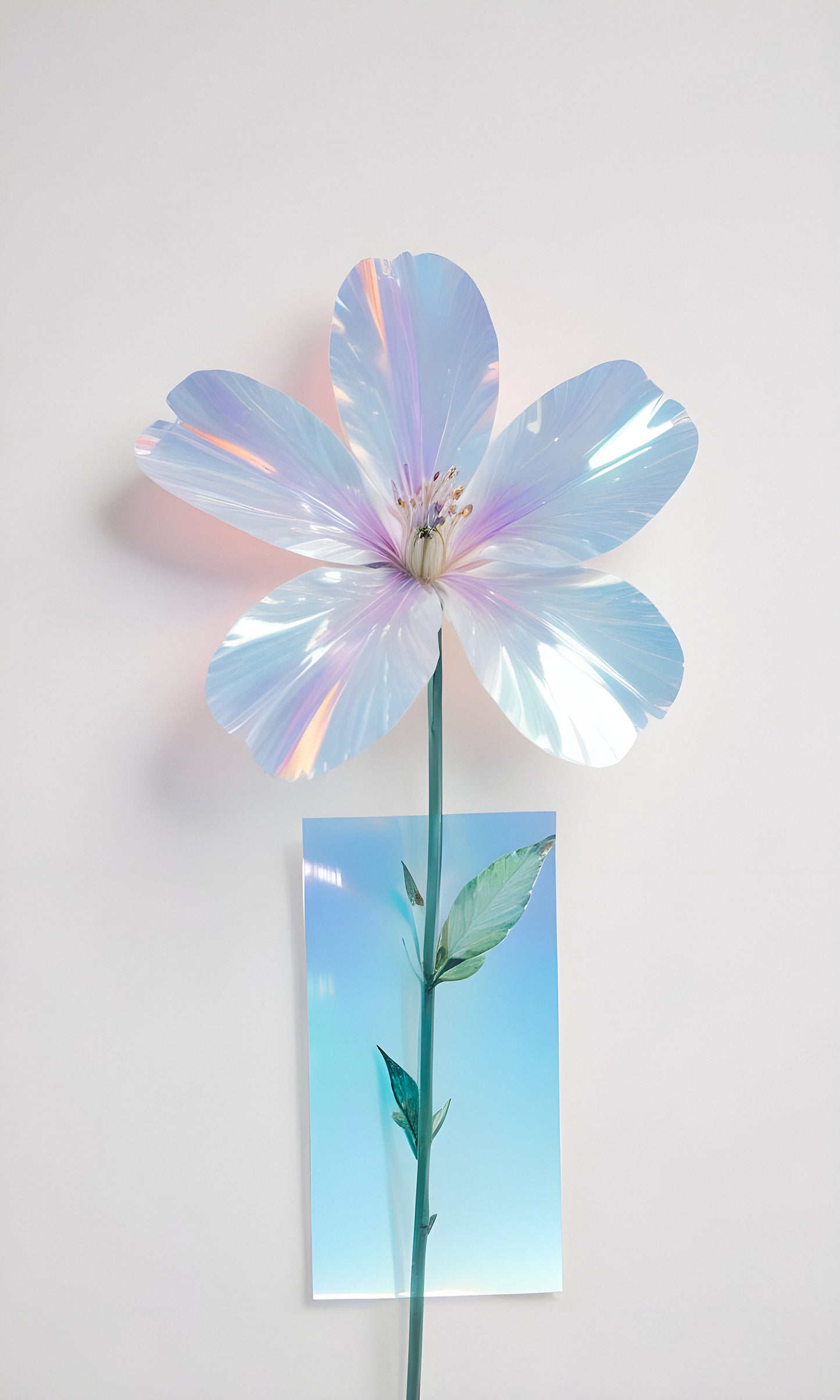 A delicate holographic flower stands against a pale backdrop alongside a soft blue image of greenery and blue sky