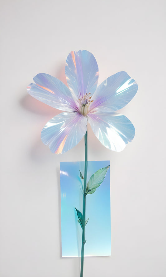 A delicate holographic flower stands against a pale backdrop alongside a soft blue image of greenery and blue sky