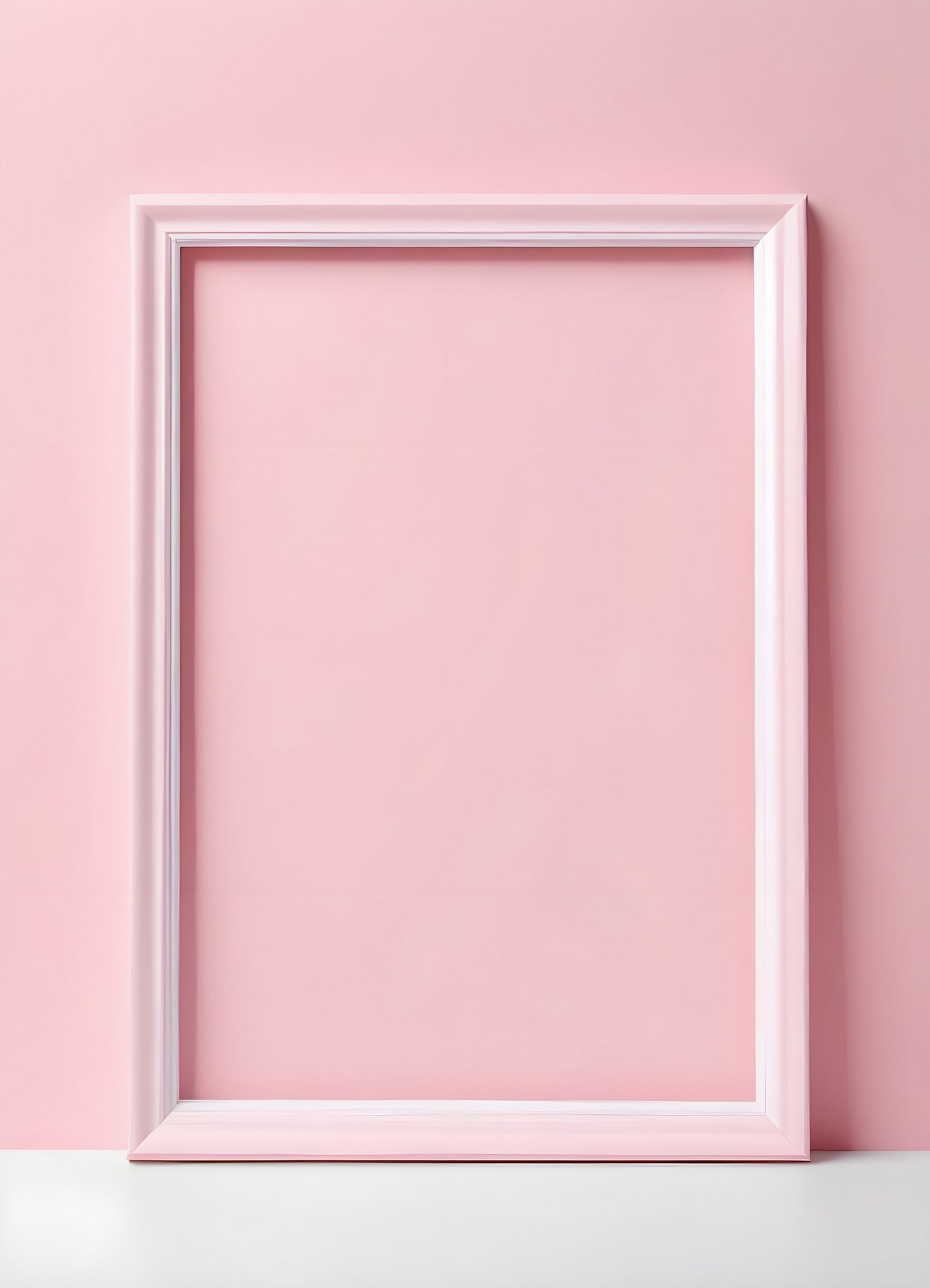 Empty white picture frame against a soft pink wall, designed for displaying artwork or photographs, ideal for various creative projects