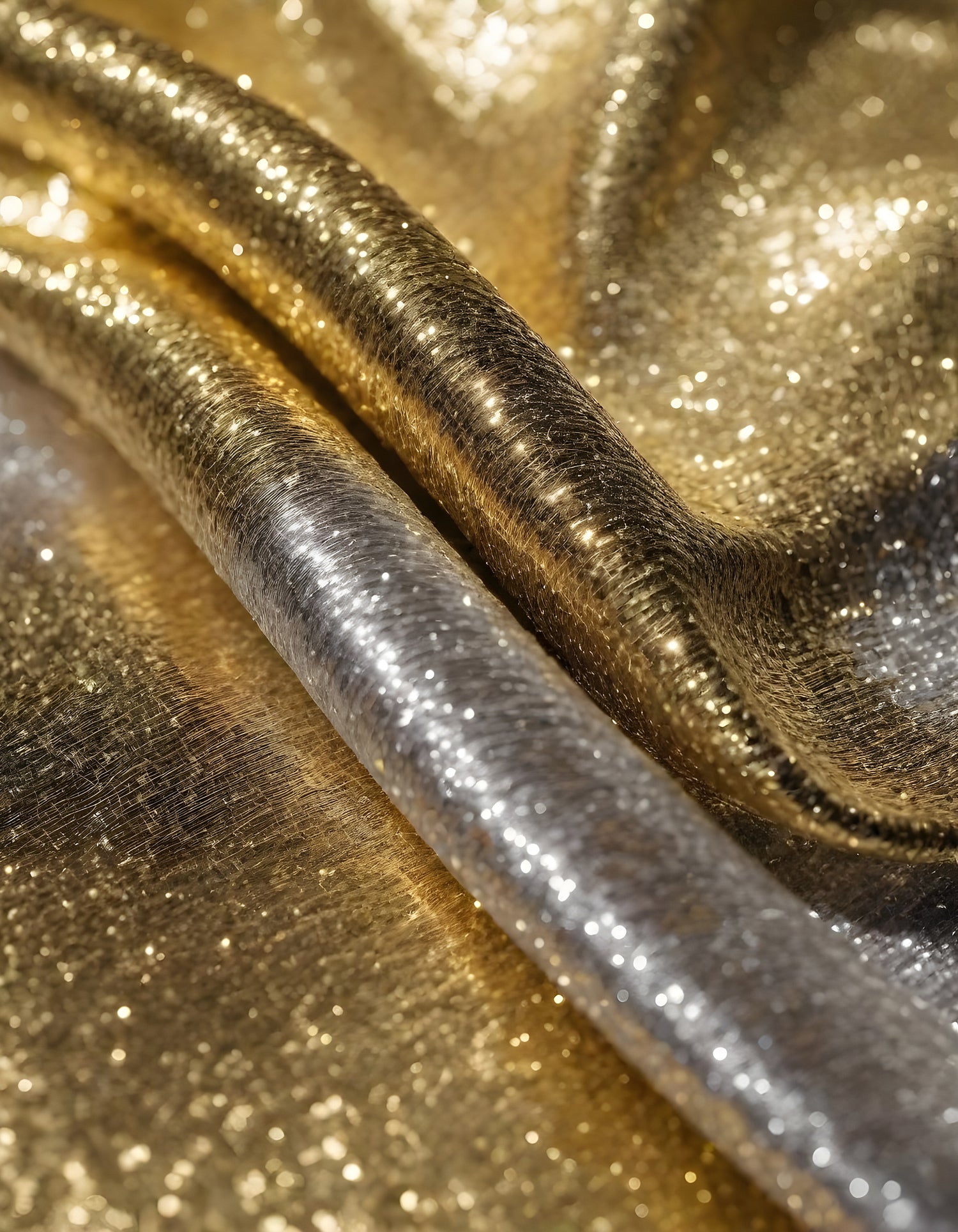 Metallic golden and silver fabric creates elegant textures with intricate folds and reflections under soft lighting