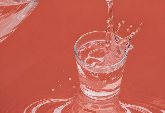 Clear water being poured into a glass against a vibrant red background creating splashes and bubbles