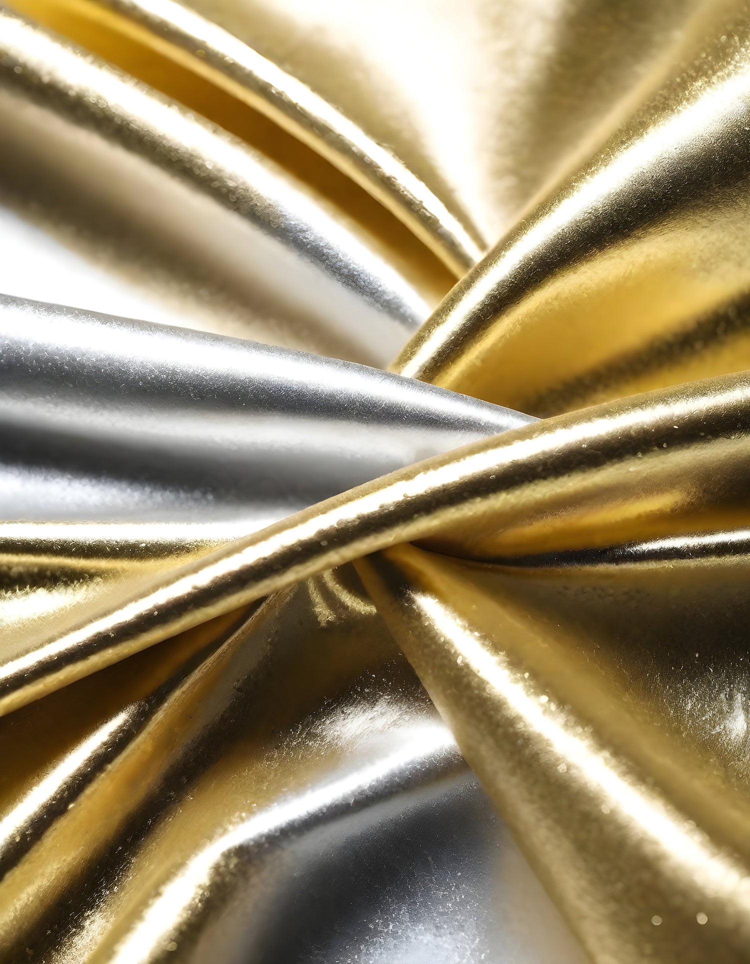 Metallic golden and silver fabric creates elegant textures with intricate folds and reflections under soft lighting