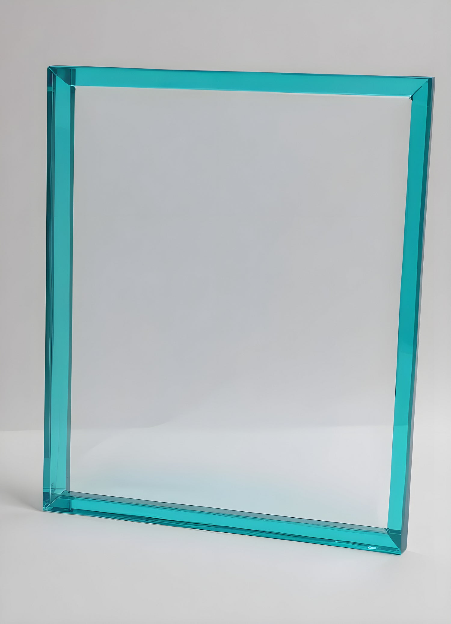 Clear turquoise acrylic frame displayed against a neutral background, ideal for showcasing artwork or photographs