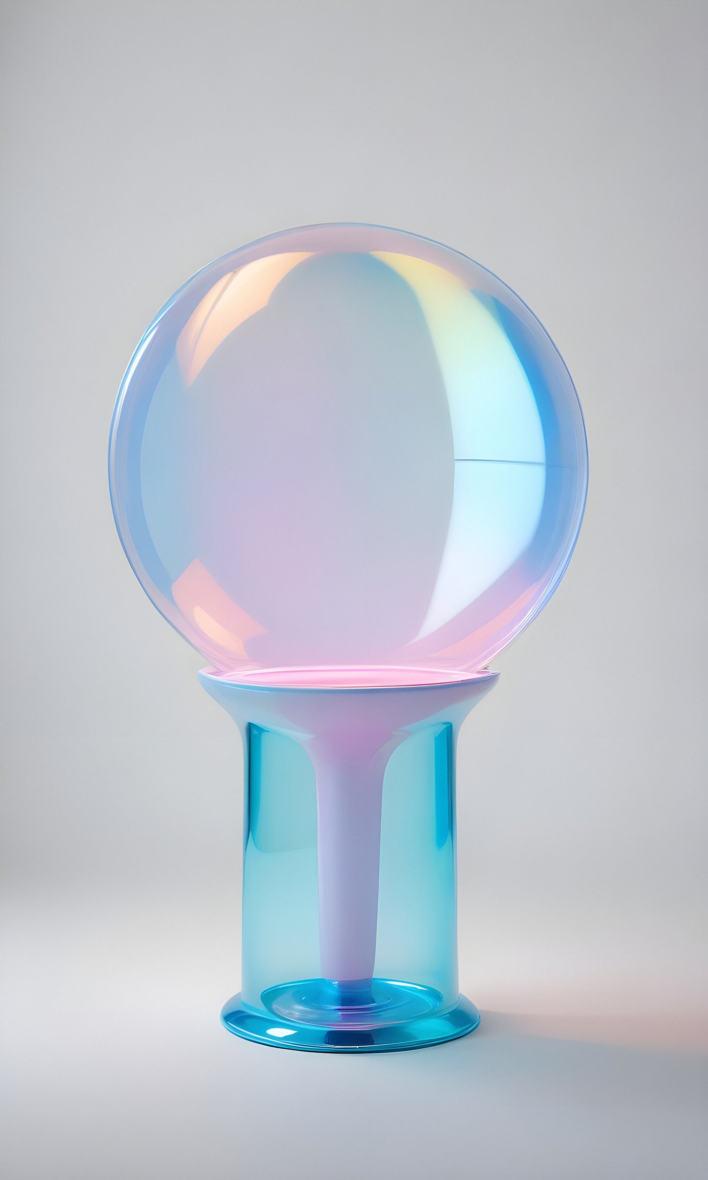 A translucent bubble sculpture reflecting light on a clean backdrop in a modern art display