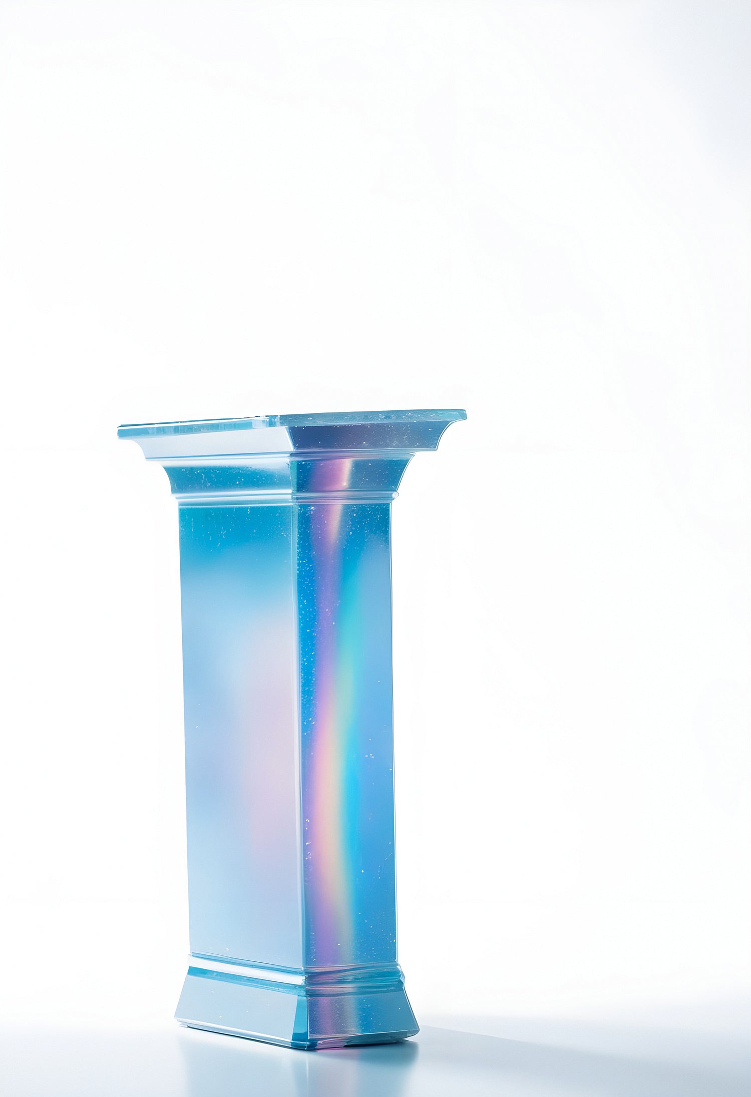 A modern blue column with an iridescent finish stands against a white backdrop showcasing its unique design and color play