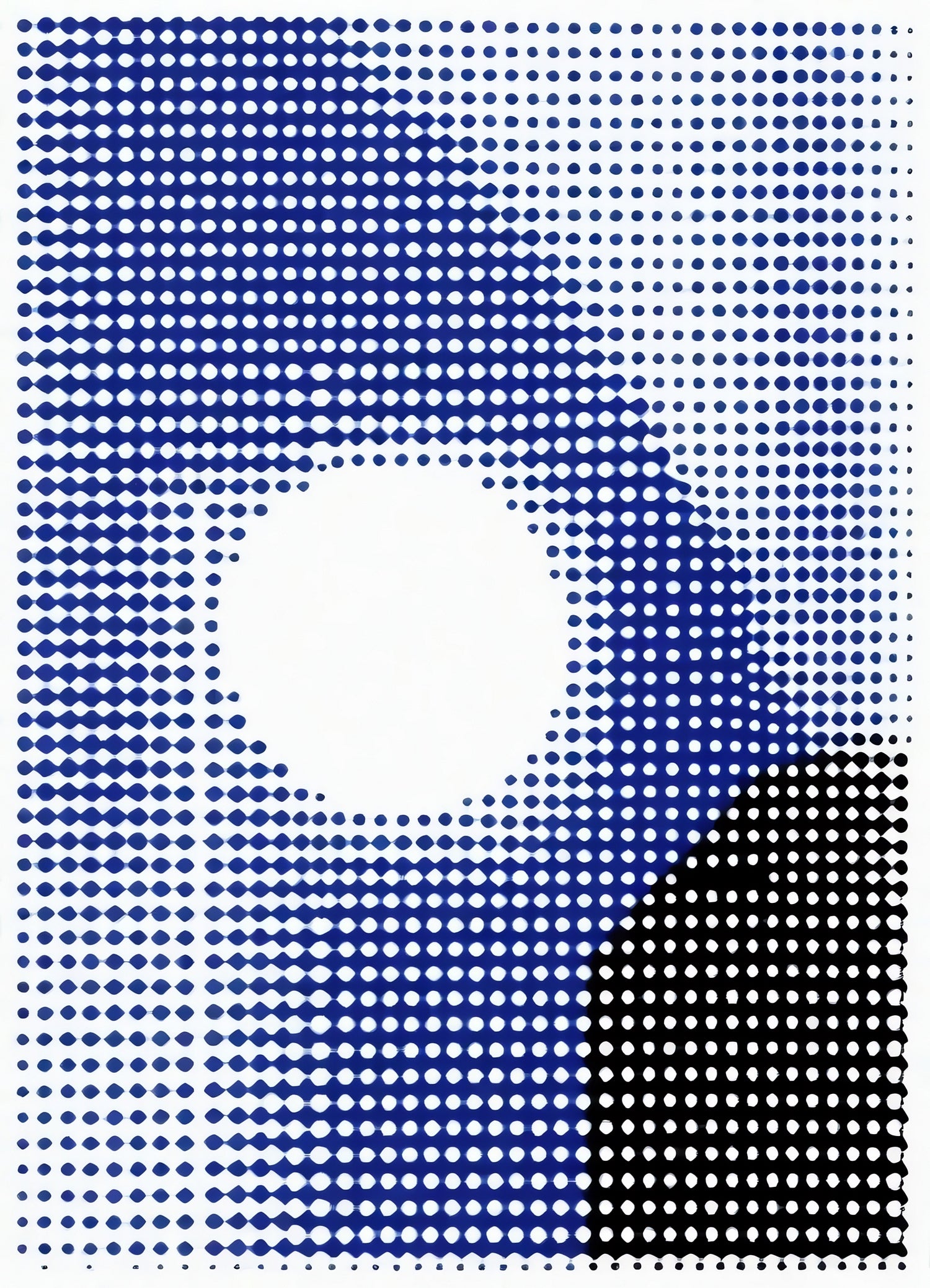 A vibrant abstract design featuring blue and black dots creating a circular pattern on a white background