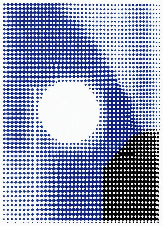 A vibrant abstract design featuring blue and black dots creating a circular pattern on a white background