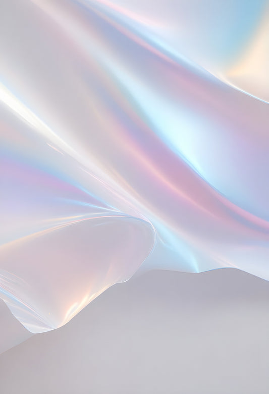 Ethereal iridescent waves reflecting soft pastel colors over gentle hills at dawn