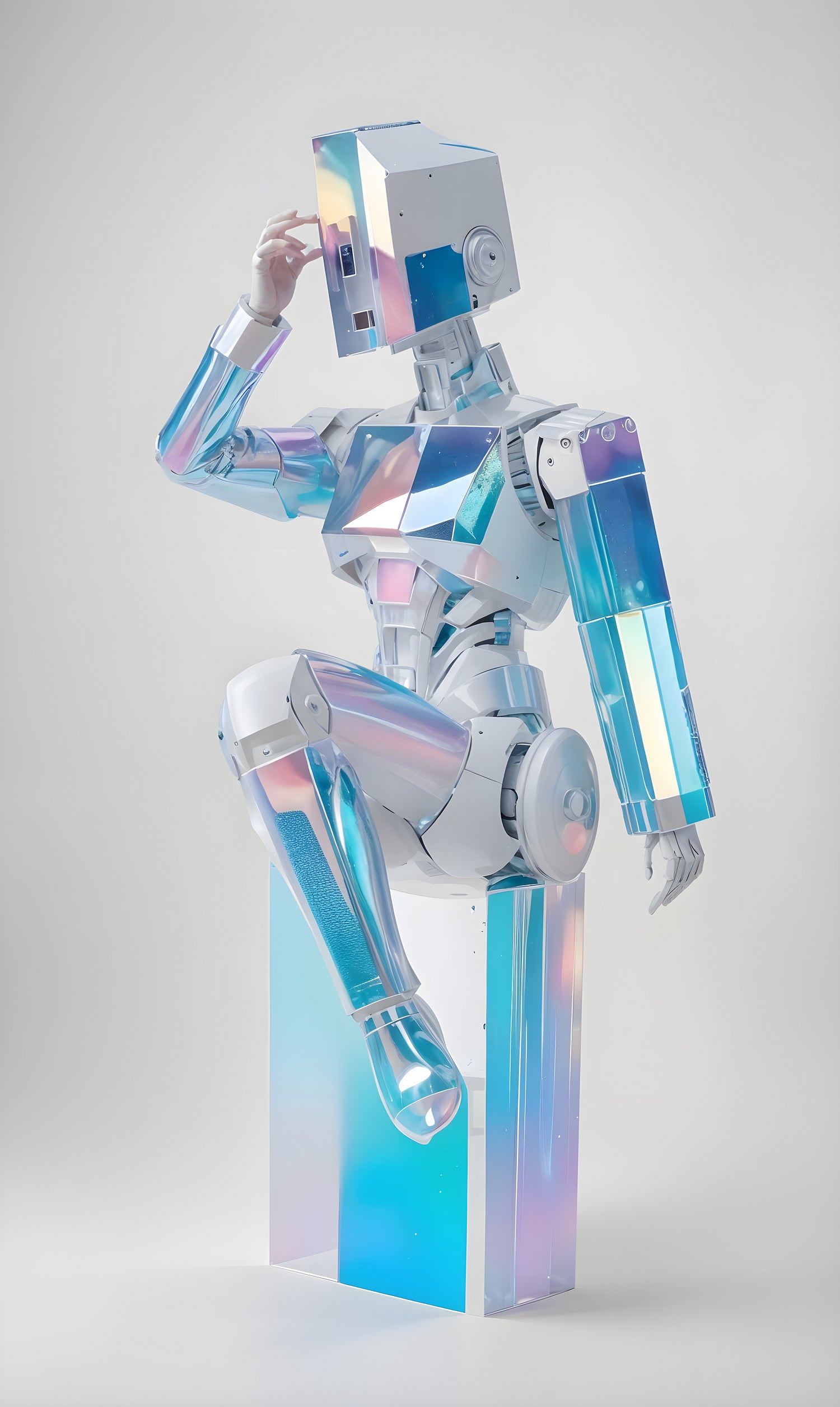 A futuristic robot sculpture with a reflective design sitting gracefully on a pedestal against a minimalist background