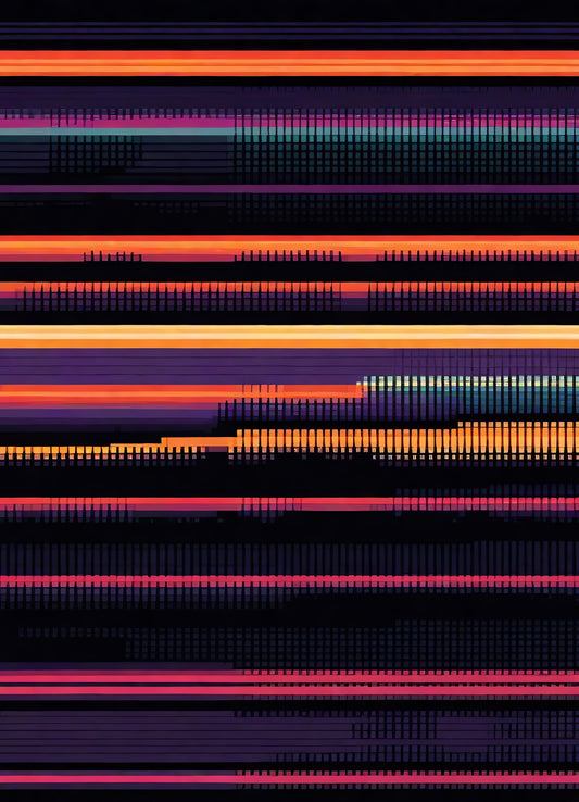 Abstract digital art showcasing vibrant color bands representing sound frequencies in a rhythmic layout