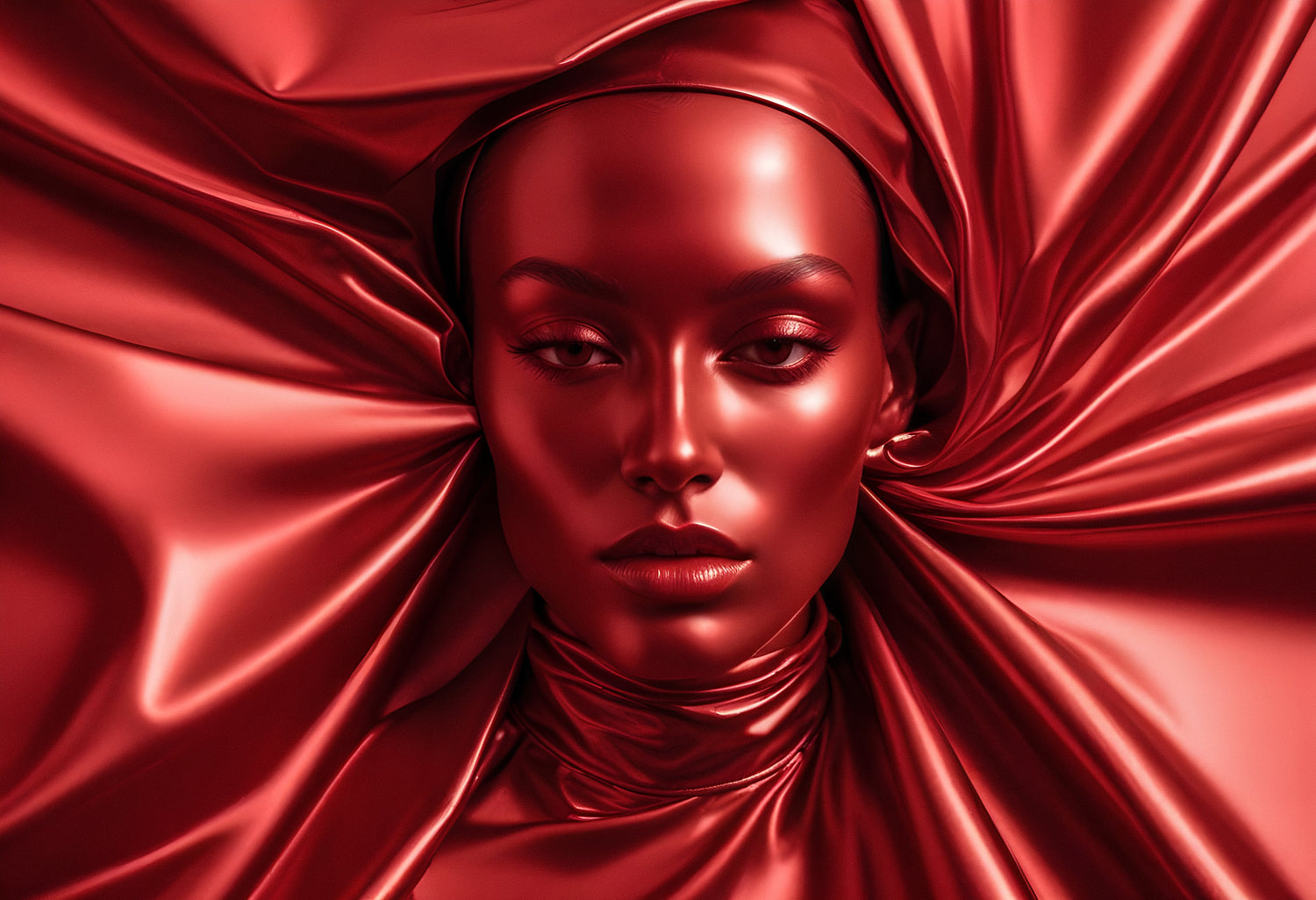 A striking portrait of a woman draped in luxurious red fabric, showcasing beauty, elegance, and bold artistry in modern fashion photography