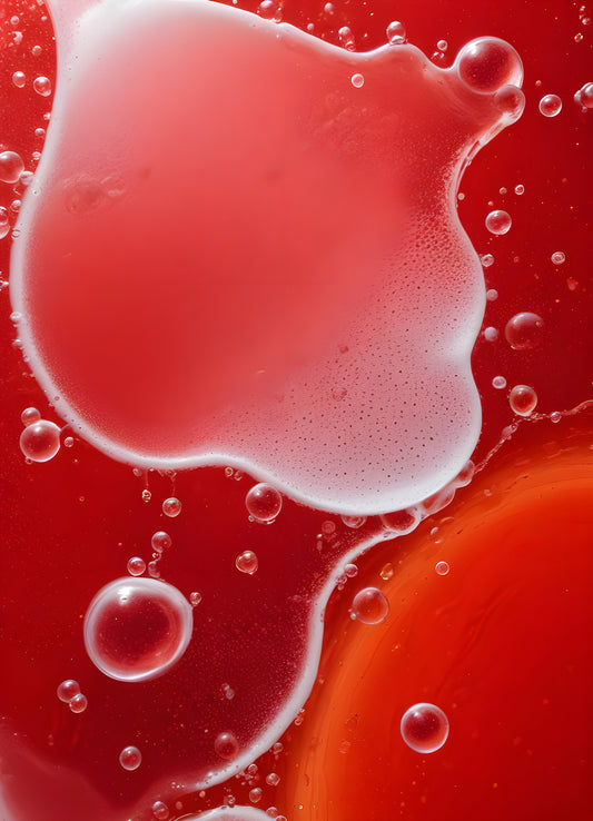 Abstract close-up of red liquid with bubbles and droplets, showcasing the interplay of colors and textures in a vibrant manner. Generative AI