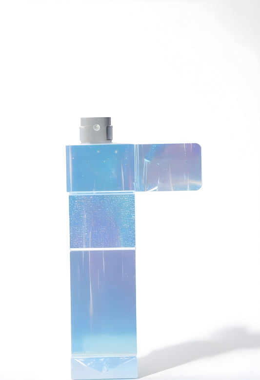 A modern abstract sculpture made of translucent blue materials displayed against a white background showcasing artistic design and creativity