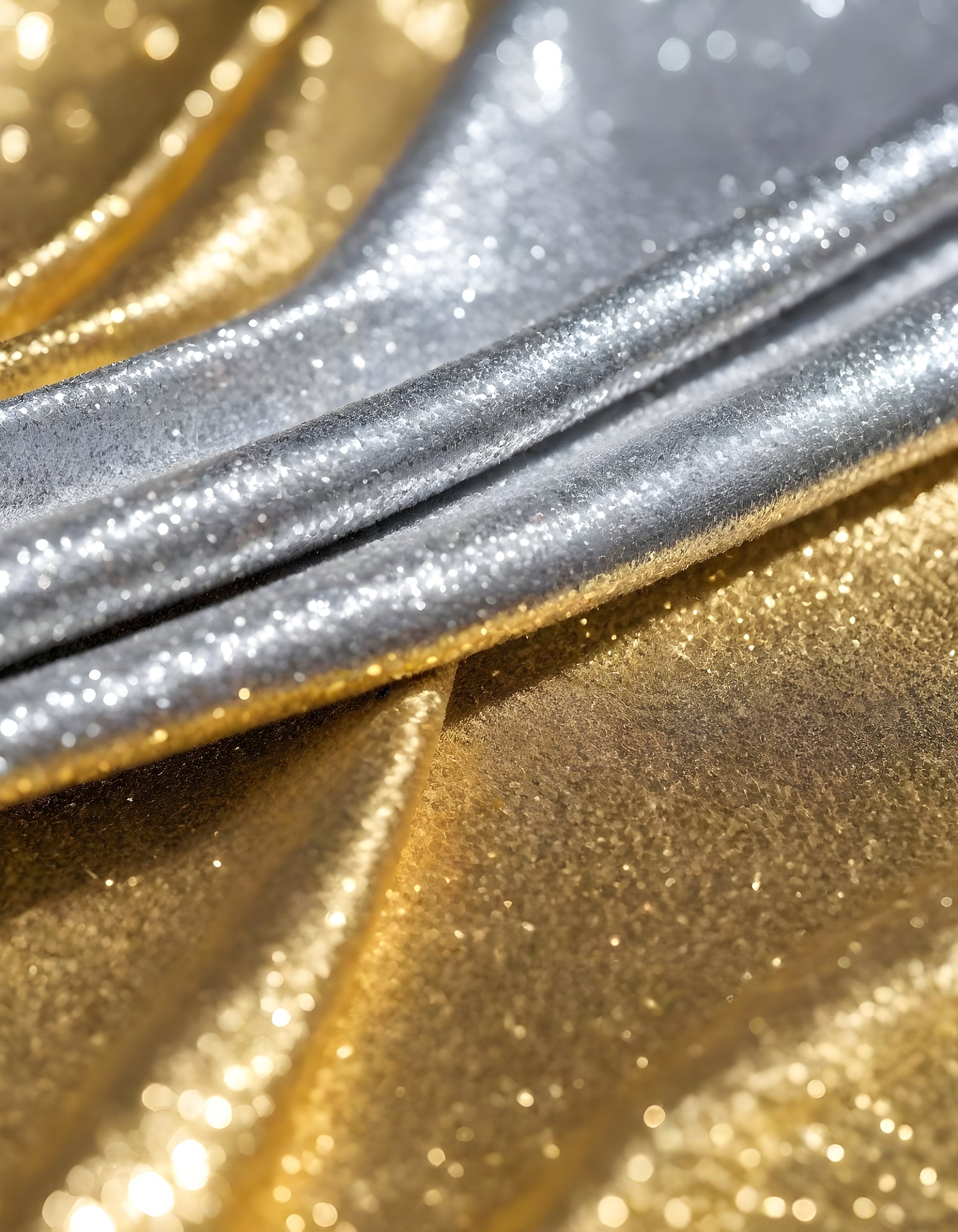 Metallic golden and silver fabric creates elegant textures with intricate folds and reflections under soft lighting