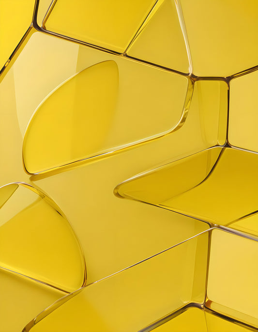 Clear acrylic blocks arranged artistically against a bright yellow background showcasing geometric shapes and modern design elements. Generative AI