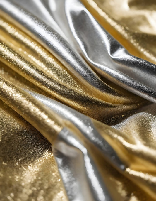 Metallic golden and silver fabric creates elegant textures with intricate folds and reflections under soft lighting