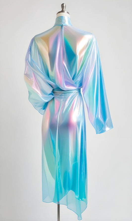 Stylish iridescent dress displayed on a mannequin against a neutral backdrop, showcasing modern fashion design in a sleek boutique setting