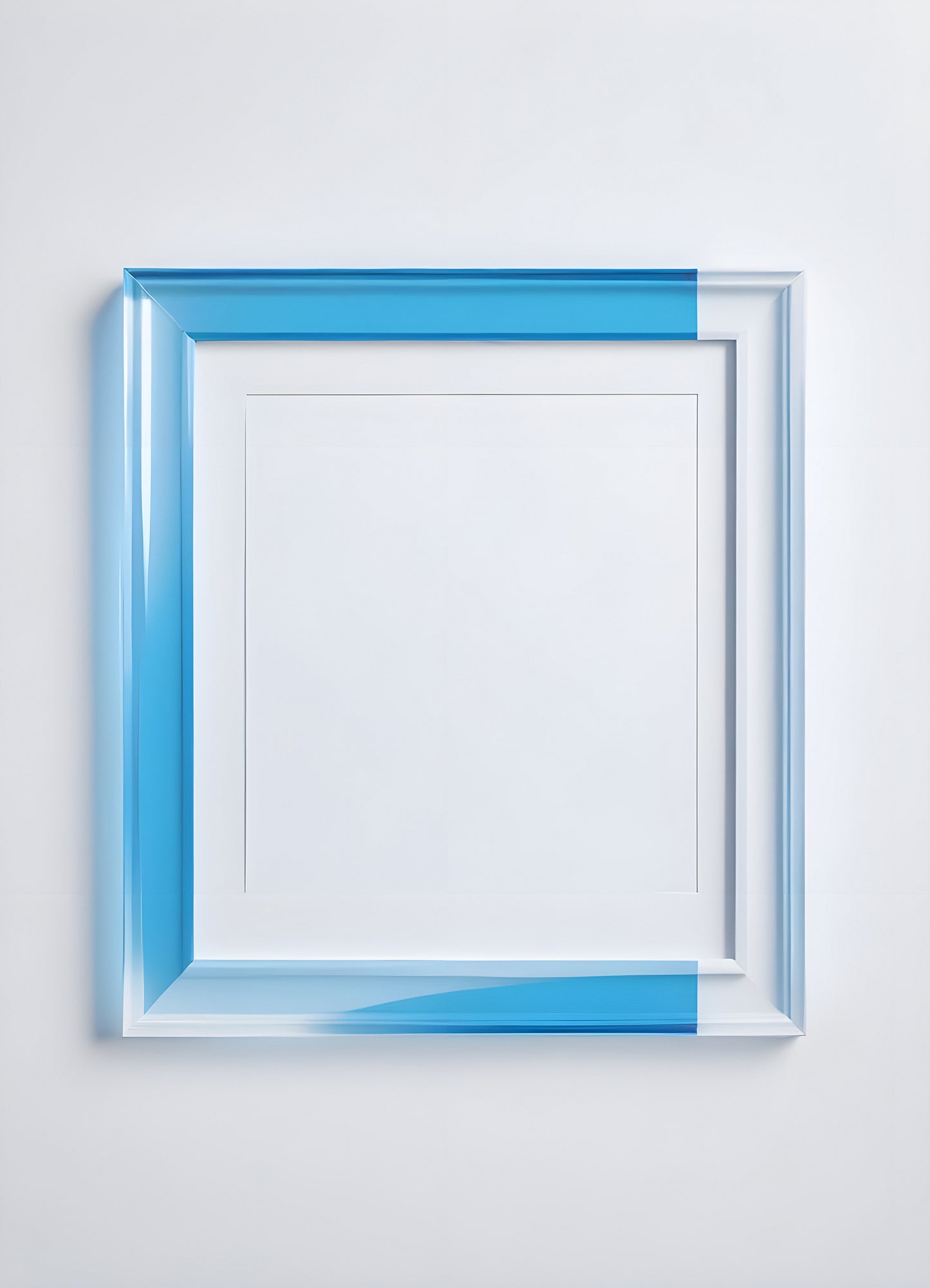 Empty framed blue canvas on a white wall in a minimalist design setting showcasing a modern artistic atmosphere