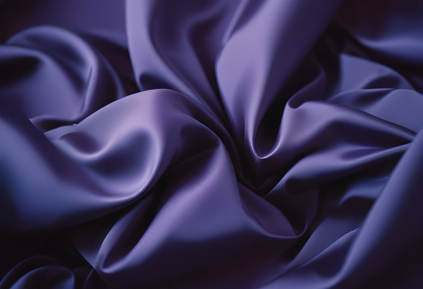 Close-up of elegantly draped purple satin fabric highlighting texture and sheen in soft lighting