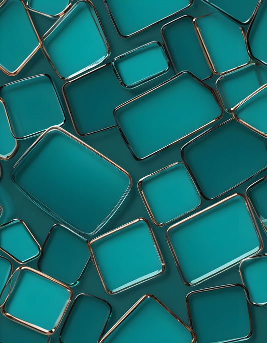 Abstract teal wall design featuring varying glass-like panels in a contemporary setting. Generative AI