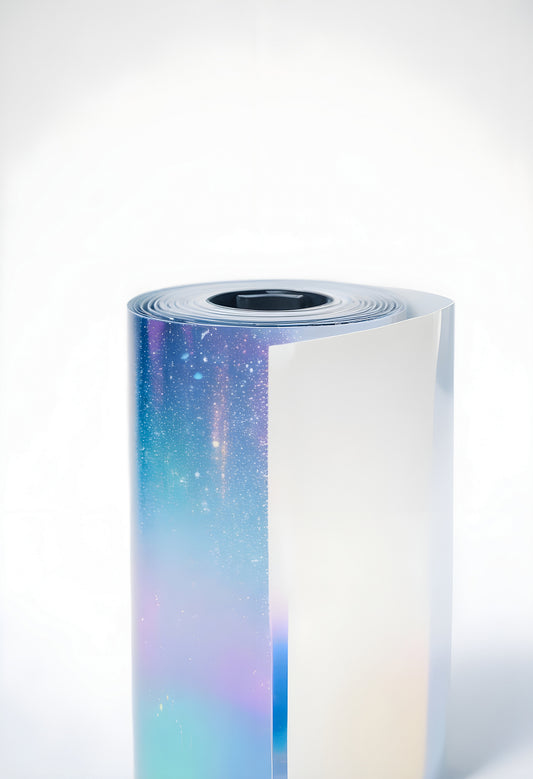 Shiny iridescent wrapping paper roll with a metallic finish, perfect for gifting on special occasions in well-lit environment