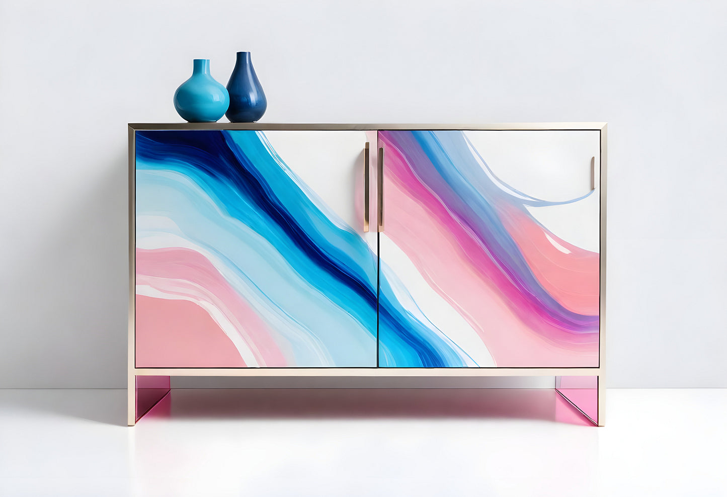 Stylish modern cabinet with vibrant abstract design and elegant vases displayed on top in a bright interior setting