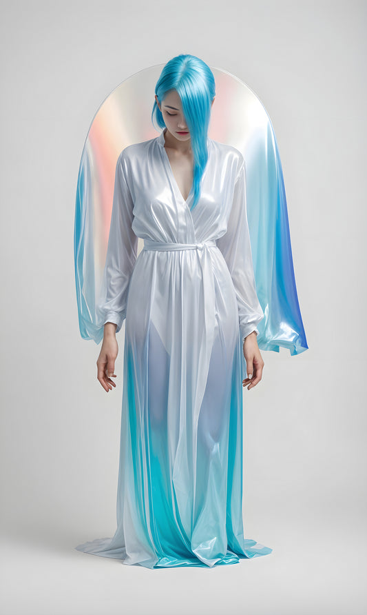 A woman in an iridescent gown with flowing sleeves stands gracefully against a light background, showcasing a unique fashion design